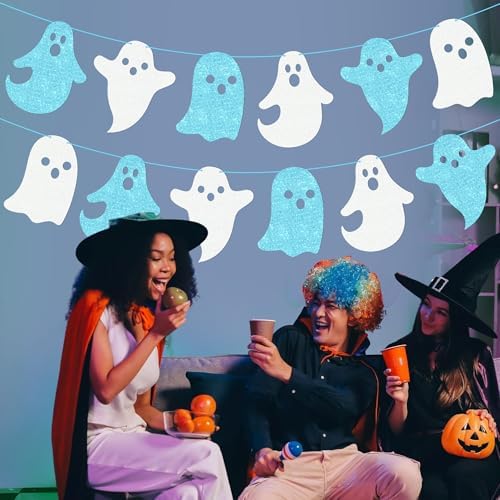 Halloween Ghost Banners White Blue Glitter Decorations 2Pcs