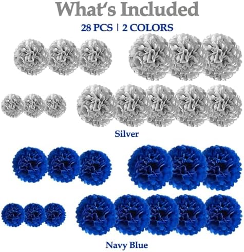 Navy Blue and Silver Tissue Paper Pom Poms Flower Set 28PCS