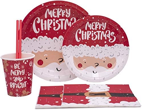 Disposable Christmas Paper Plates Napkins Cups Straws Set for 20 Red