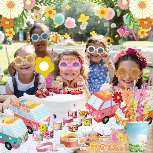 120PCS Groovy Party Favors Retro Flower Sunglasses Keychains Slap Bracelets