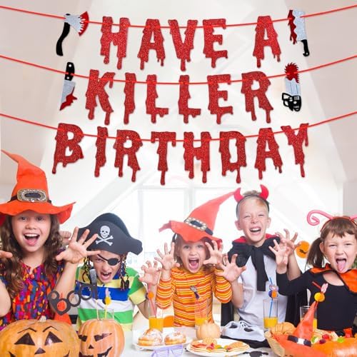 Red Glitter Halloween Birthday Banner - Pre-Strung Decor Bunting