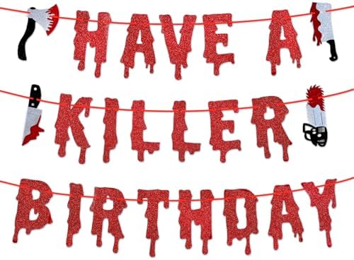 Red Glitter Halloween Birthday Banner - Pre-Strung Decor Bunting