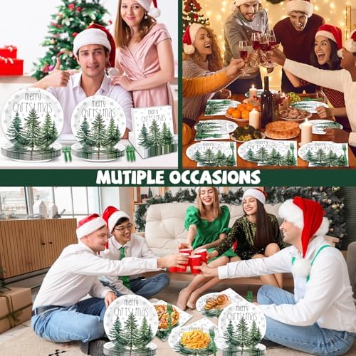 96Pcs Christmas Tree Paper Plates Napkins for 24 Guests