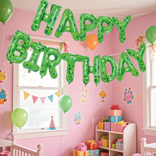 Green Happy Birthday Miner Theme Balloon Banner 16 Inches