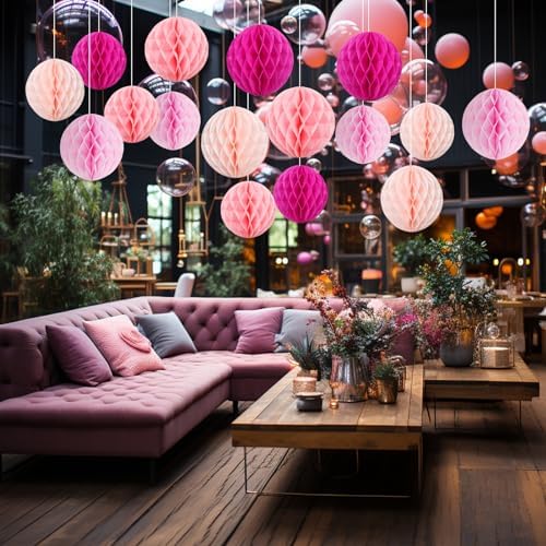 Hanging Honeycomb Decor Hot Pink Party Balls Set of 16