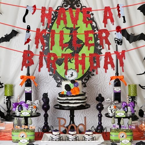 Red Glitter Halloween Birthday Banner - Pre-Strung Decor Bunting