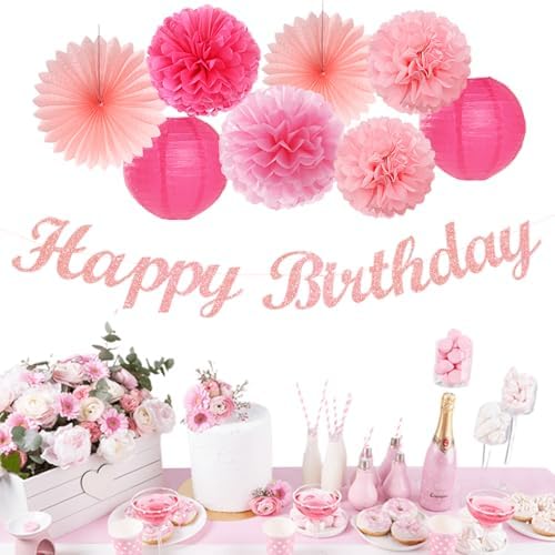 Hot Pink Birthday Decorations - 14pcs Paper Flowers Lanterns Pom Poms