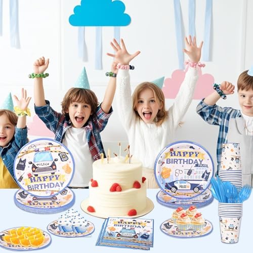 Police Birthday Tableware Set for Kids Blue and White Party Supplies