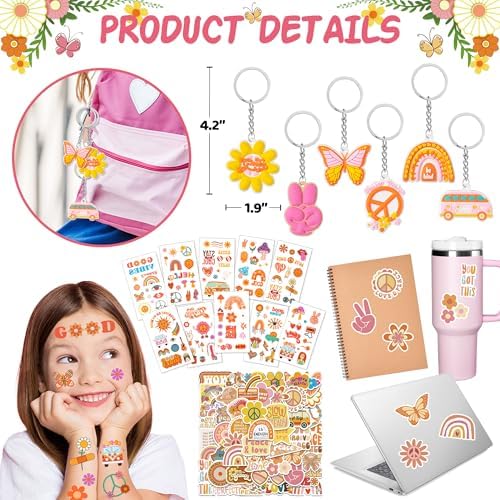 120PCS Groovy Party Favors Retro Flower Sunglasses Keychains Slap Bracelets