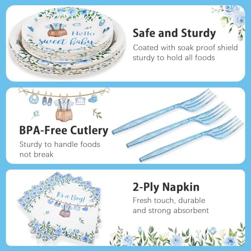 Blue Boy Baby Shower Plates Set 100 Pcs for 25 Guests