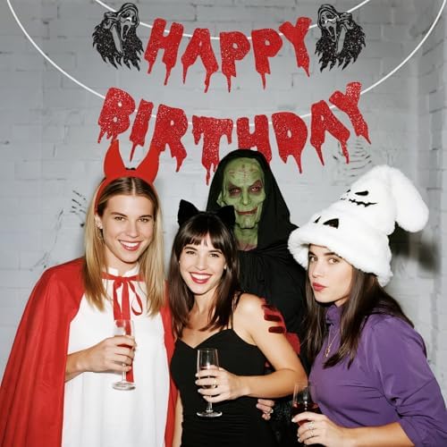 Black Red Glitter Halloween Birthday Banner