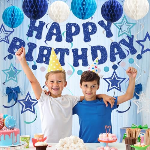 Glitter Blue Birthday Banner with Honeycomb Balls and Stars Streamers