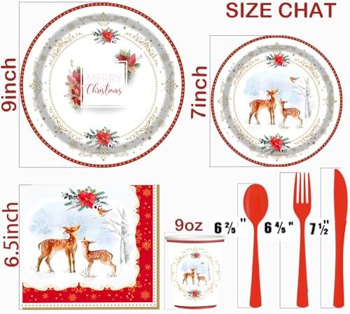 Christmas Poinsettia Deer Disposable Plate Set - 25 Piece Holiday Party Supplies