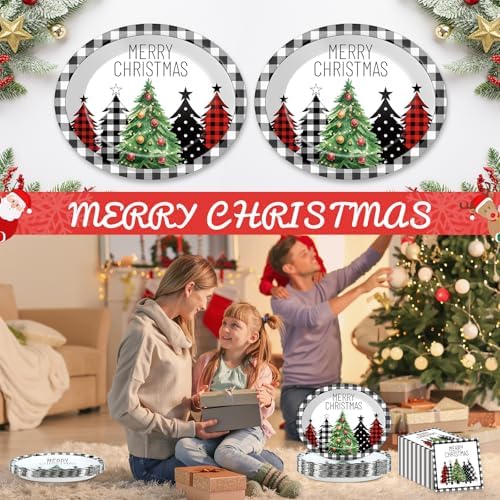 50Pcs Christmas Paper Oval Plates with Napkins