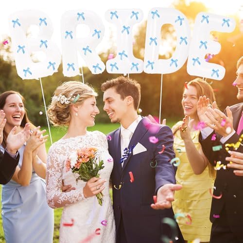 40 Inch White Bride Balloons with Blue Bows