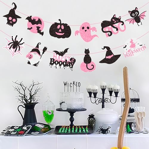 2pcs Halloween Party Banners Black Pink Ghost Boo Witch Decorations