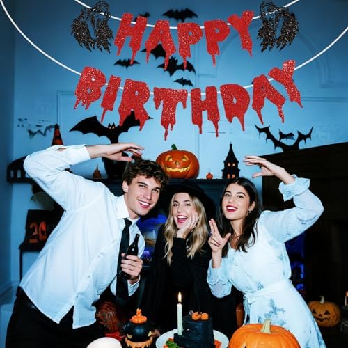 Black Red Glitter Halloween Birthday Banner