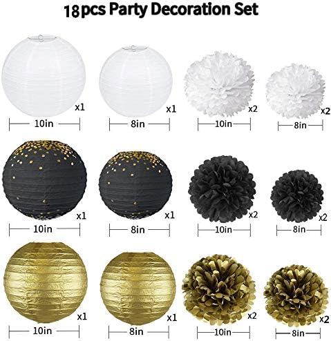 18 Pcs Black Gold White Tissue Pom Poms Decorations