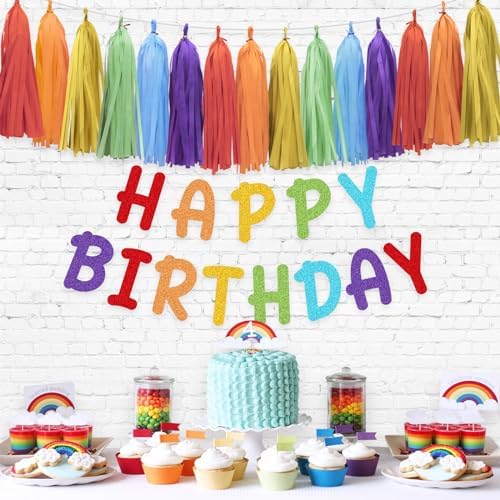 Rainbow Birthday Banner with Paper Tassel Garland
