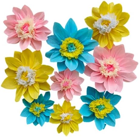 Mybbshower Crepe Paper Flowers Pack of 9 Pink Yellow Blue