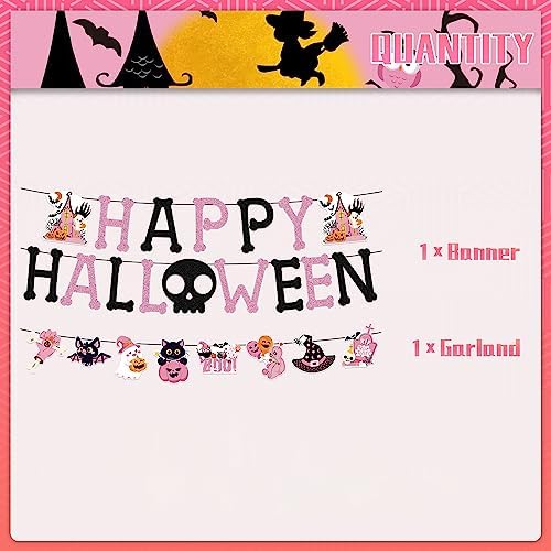 KUNGOON Halloween Happy Birthday Pink Black Banner