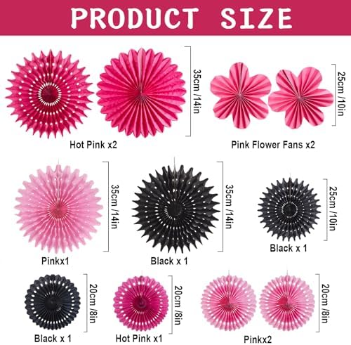11PCS Hanging Paper Fans Pink Black Birthday Party Decorations