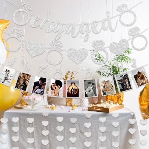 Silver Glitter Engagement Party Banners with Heart Garland