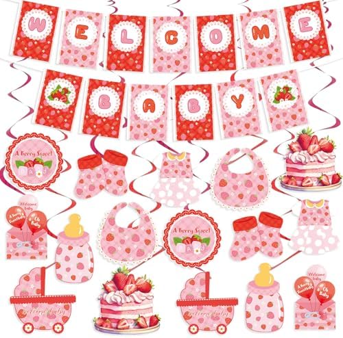 Strawberry Baby Shower Decorations with Banner and Hanging Swirls