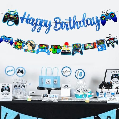 Glitter Blue Game Party Banners for Birthday Celebrations