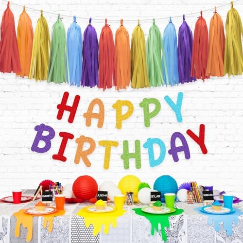 Rainbow Birthday Banner with Paper Tassel Garland