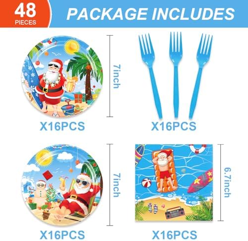 48pcs Beach Hawaiian Santa Party Tableware Set for 16 Guests