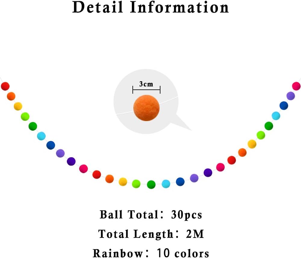 Rainbow Felt Pom Pom Ball Garland 30pcs 78in