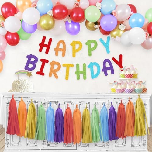 Rainbow Birthday Banner with Paper Tassel Garland