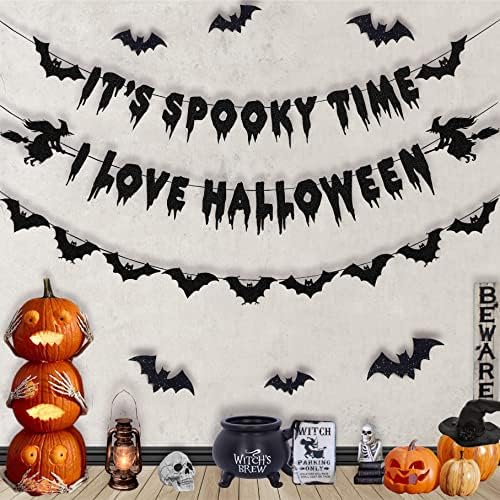 Halloween Decorations Glittery Black Banner Garland Bats