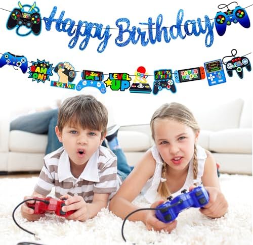 Glitter Blue Game Party Banners for Birthday Celebrations
