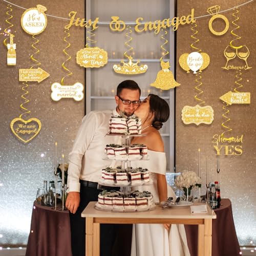 White Gold Engagement Party Decorations Banner with Hanging Swirls