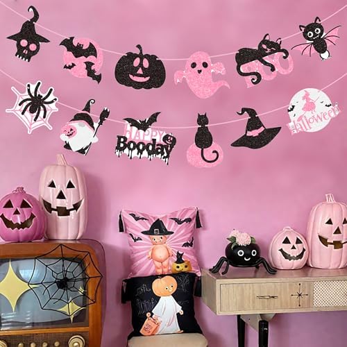 2pcs Halloween Party Banners Black Pink Ghost Boo Witch Decorations