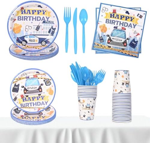 Police Birthday Tableware Set for Kids Blue and White Party Supplies