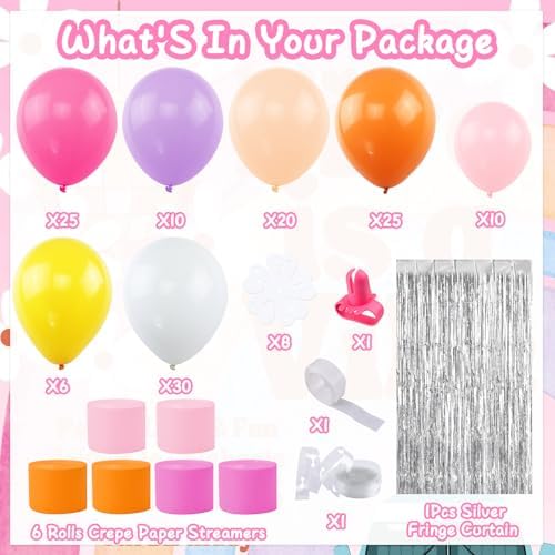 Pink Orange Groovy Balloon Arch Kit with Fringe Backdrop