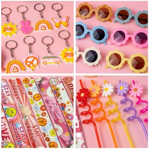 120PCS Groovy Party Favors Retro Flower Sunglasses Keychains Slap Bracelets