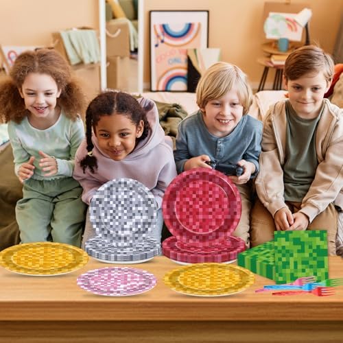 96 Pcs Mini Pixel Party Plates and Napkins for Gaming Birthday Celebration