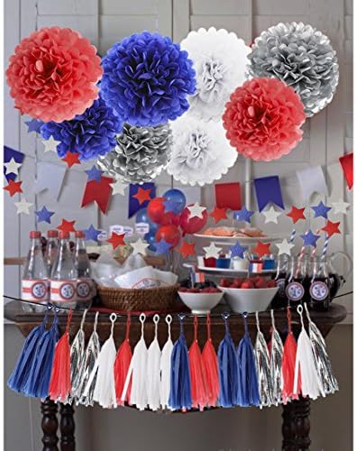 HEARTFEEL 30pcs Patriotic Tissue Pom Pom Garland Decorations