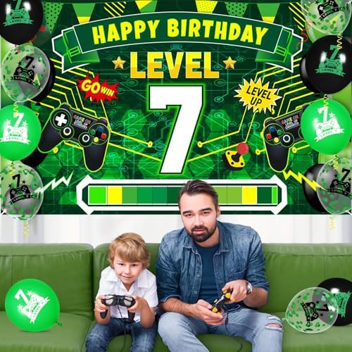 Level Up 7th Birthday Banner and Balloons Set