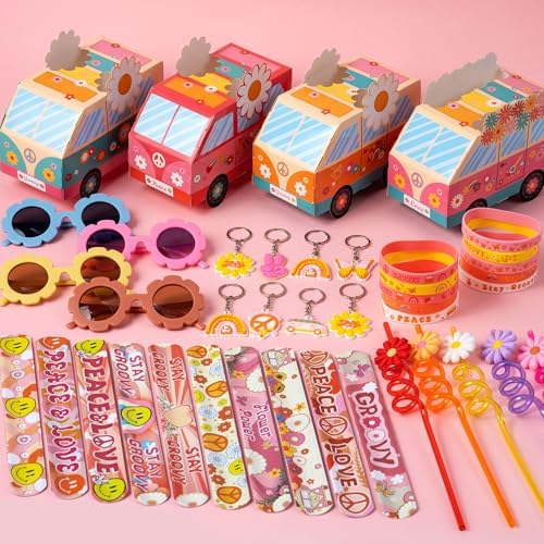 120PCS Groovy Party Favors Retro Flower Sunglasses Keychains Slap Bracelets