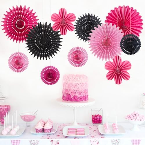 11PCS Hanging Paper Fans Pink Black Birthday Party Decorations