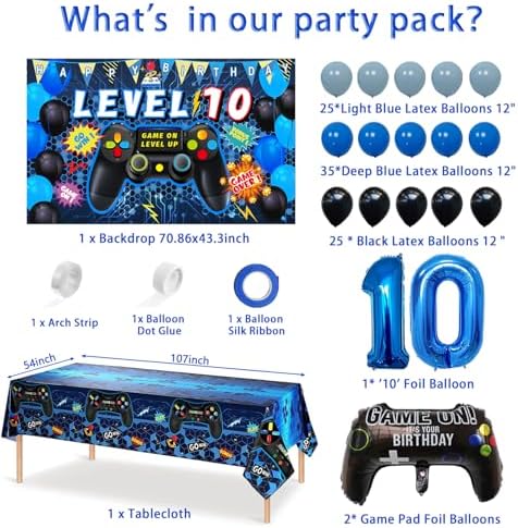 90PCS Blue 10th Birthday Video Game Decorations for Boys