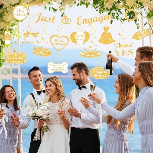 White Gold Engagement Party Decorations Banner with Hanging Swirls