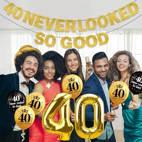 40th Birthday Decorations Kit Black Gold Banner and Foil Balloons