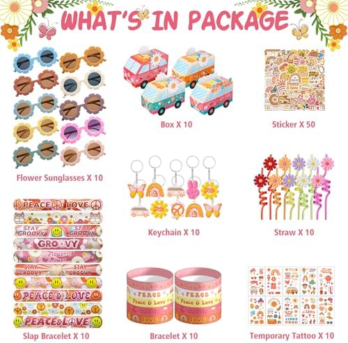 120PCS Groovy Party Favors Retro Flower Sunglasses Keychains Slap Bracelets