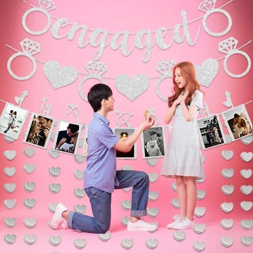 Silver Glitter Engagement Party Banners with Heart Garland